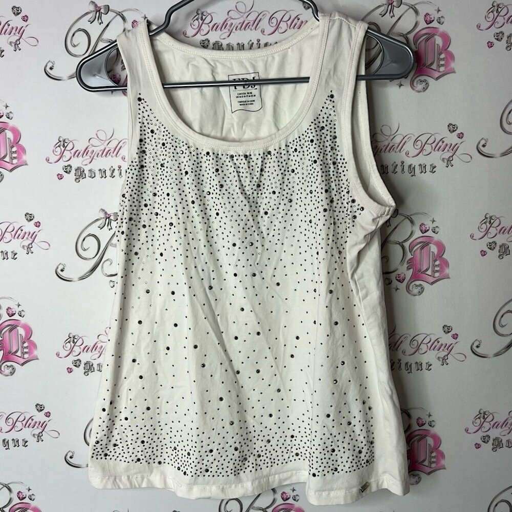 FDJ tank top rhinestone studded silver white Cream Sequin Tank Top Sleeveless